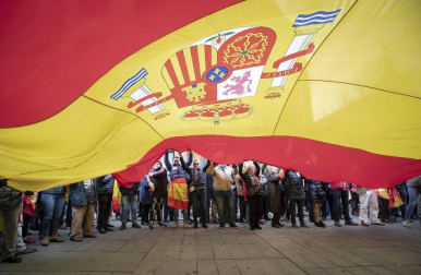 Una ruidosa concentración ante la delegación del Gobierno de España en Navarra, convocada por la Asociación Profesional Justicia Guardia Civil (JUCIL), ha protestado este sábado en Pamplona contra el traspaso de las competencias de tráfico a Navarra.