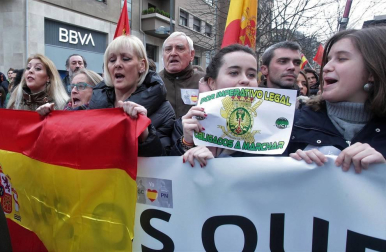 Una ruidosa concentración ante la delegación del Gobierno de España en Navarra, convocada por la Asociación Profesional Justicia Guardia Civil (JUCIL), ha protestado este sábado en Pamplona contra el traspaso de las competencias de tráfico a Navarra.