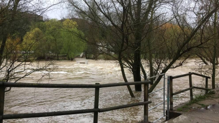 Las intensas lluvias han aumentado el cauce del río Arga a su paso por Pamplona.