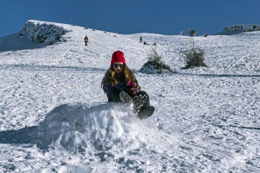 Padres y niños salieron a la nieve a disfrutar con los trineos en el alto de Lizarraga este jueves, 7 de enero.