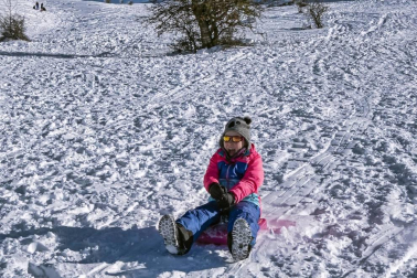 Padres y niños salieron a la nieve a disfrutar con los trineos en el alto de Lizarraga este jueves, 7 de enero.