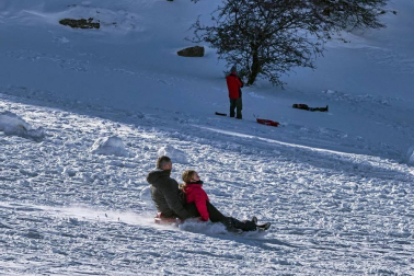 Padres y niños salieron a la nieve a disfrutar con los trineos en el alto de Lizarraga este jueves, 7 de enero.