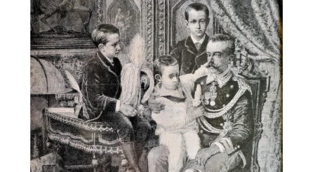 Amadeo de Saboya, con sus hijos Manuel Filiberto, Victor Manuel y Luis (en brazos). Retrato realizado por Giacomo Di Chirico