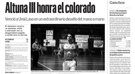 Altuna honra el colorado. Titular de la crónica del desafío de verano en Diario de Navarra