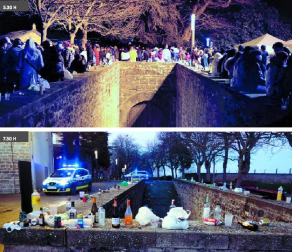 Alrededor de 200 jóvenes se reunieron en la Calle del Redín de Pamplona (Caballo Blanco) para celebrar un macrobotellón que no registró incidentes importantes. Las dos imágenes superiores corresponden a dos momentos del festejo en diferentes horas.