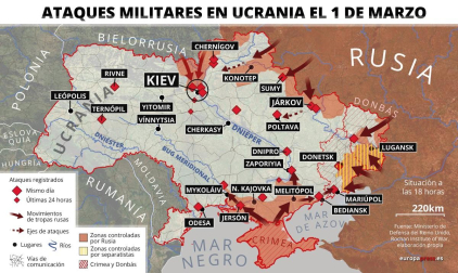 Mapa de los ataques militares en Ucrania registrados el 1 de marzo