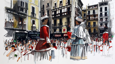 Las acuarelas de Iñaki Pardos también hacen un guiño a los Sanfermines.