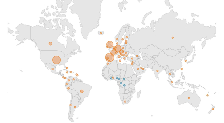 Países con casos de viruela del mono. En naranja, los países que han reportado casos en 2022. En azul, los países que han reportado casos en años anteriores