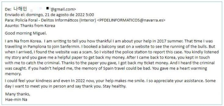 Mail de agradecimiento del turista coreano