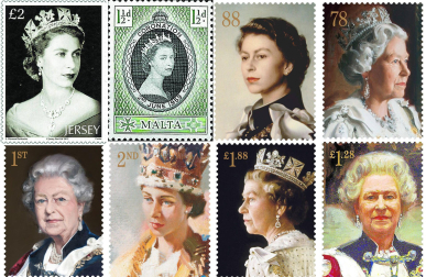 Montaje con diferente sellos con el perfil de la monarca fallecida, los únicos del mundo en los que no se necesita estampar el nombre del país