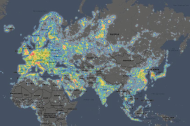 Focos de contaminación lumínica en Europa, Asia y el norte de África