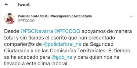 Tuit de los sindicatos de Policía Foral.