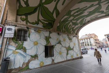 CALLE DOÑA MARÍA UGARTE La gallega Doa Oa dejó su impronta en el pasaje de la calle Doña María Ugarte de acceso a la plaza de los Fueros. La artista utilizó sus tradicionales motivos vegetales para cubrir las paredes y arco del pasaje generando este efecto envolvente