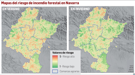 Mapas del riesgo de incendio forestal en Navarra