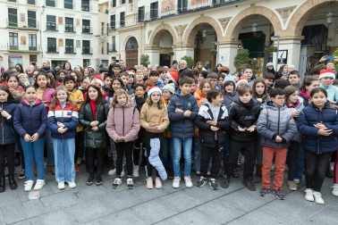 Alumnos de los colegios de Tudela cantnan villancicos en la Plaza de los Fueros de la capital ribera.