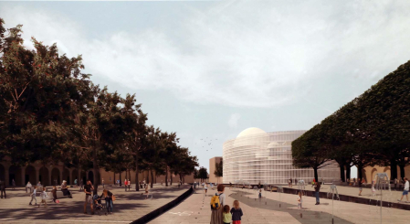 Una cúpula blanca encerrada en una estructura circular.