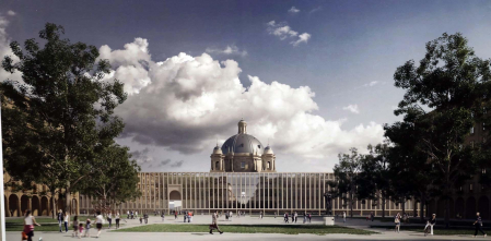 Una estructura de pilares con un arco en esta propuesta del concurso.