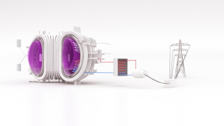 Esquema de un reactor de fusión nuclear por confinamiento magnético. El plasma se representa en color morado