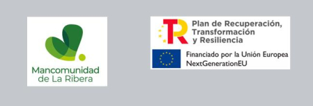 Logos de la Mancomunidad de la Ribera y del Plan de Recuperación, Transformación y Resiliencia, financiado por la Unión Europea