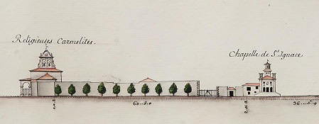 Dibujo del convento de las Carmelitas Descalzas de la capital navarra en la Plaza del Castillo y basílica de San Ignacio, realizado por Gency en 1777. Allí se custodió el sudario en los siglos XVII y XVIII