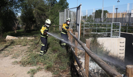 Bomberos de Navarra y agentes de la Policía Municipal de Tudela trabajan en la extinción del fuego declarado en la desembocadura del río Mediavilla