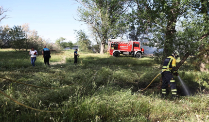 Bomberos de Navarra y agentes de la Policía Municipal de Tudela trabajan en la extinción del fuego declarado en la desembocadura del río Mediavilla