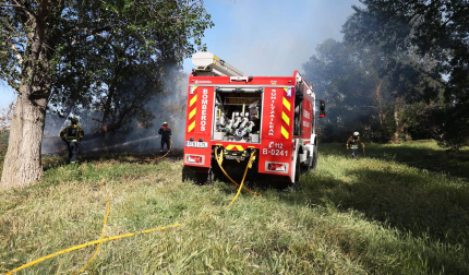 Bomberos de Navarra y agentes de la Policía Municipal de Tudela trabajan en la extinción del fuego declarado en la desembocadura del río Mediavilla