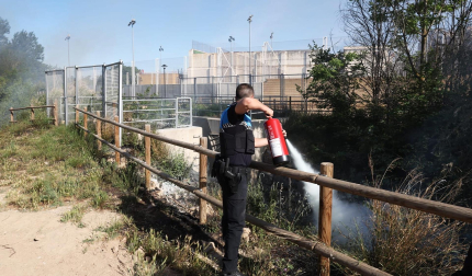 Bomberos de Navarra y agentes de la Policía Municipal de Tudela trabajan en la extinción del fuego declarado en la desembocadura del río Mediavilla