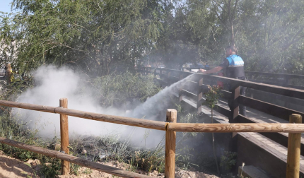 Bomberos de Navarra y agentes de la Policía Municipal de Tudela trabajan en la extinción del fuego declarado en la desembocadura del río Mediavilla