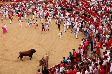 Primer encierro de San Fermín en el tramo de la Plaza de Toros