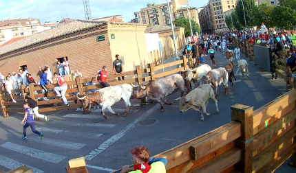 Encierro del 25 de julio de fiestas de Tudela, en la curva de acceso a la calle Almajares