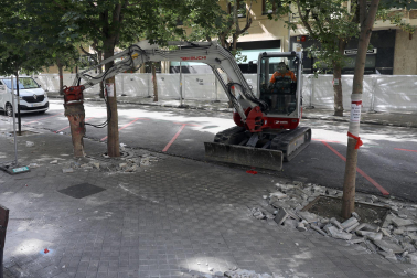 Fotos del comienzo de las obras del parking de la calle Sangüesa de Pamplona con la retirada de los árboles