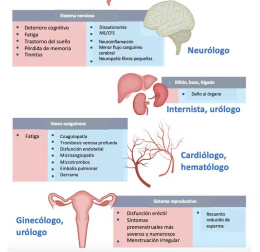 Esquema de los síntomas de la covid persistente con sus patologías asociadas y los especialistas que las pueden tratar.