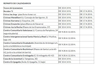 Horarios y lugares de reparto del calendario municipal
