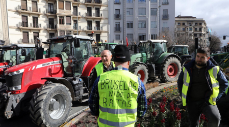 Decenas de agricultores navarros han vuelto a colapsar con sus tractores el centro de Pamplona este jueves, 29 de febrero.