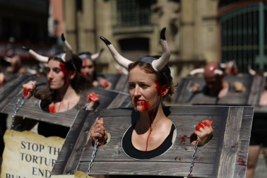 Fotos de la protesta de las organizaciones animalistas PETA y AnimaNaturalis en contra de la tauromaquia. /