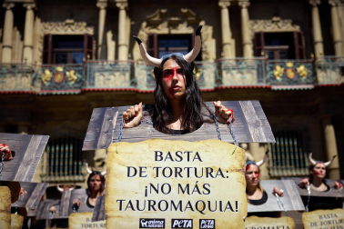 Fotos de la protesta de las organizaciones animalistas PETA y AnimaNaturalis en contra de la tauromaquia.