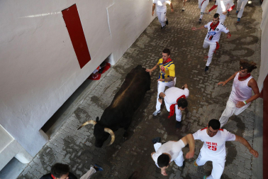 Entrada de los toros de La Palmosilla al callejón de la plaza de toros durante el primer encierro de los Sanfermines 2024