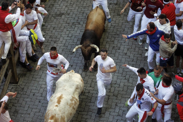 Los mozos conducen a los toros de La Palmosilla a la plaza en el tramo del callejón