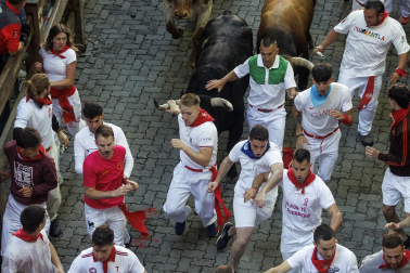 Los mozos conducen a los toros de La Palmosilla a la plaza en el tramo del callejón