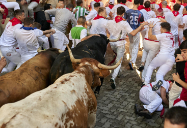 Paso de la manada de La Palmosilla por el callejón durante el primer encierro de los Sanfermines 2024