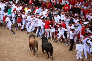 Dos toros de la ganadería La Palmosilla se pasearon durante dos minutos por la plaza de toros, creando momentos de peligro, en el prime encierro de los Sanfermines 2024