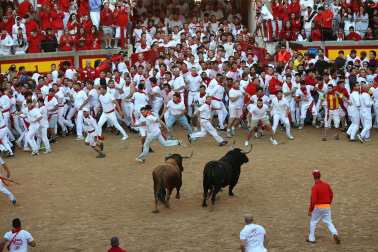 Dos toros de la ganadería La Palmosilla se pasearon durante dos minutos por la plaza de toros, creando momentos de peligro, en el prime encierro de los Sanfermines 2024