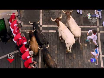 Uno de los toros roza con sus cuernos a uno de los corredores al comienzo de la calle Estafeta