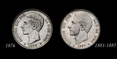 Anversos de las monedas de 1 peseta de Alfonso XII