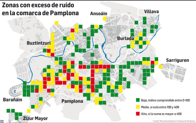 Zonas con exceso de ruido en la Comarca de Pamplona