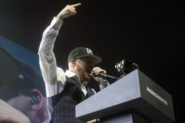 René Pérez, Residente, durante su actuación en el Palau Sant Jordi de Barcelona en el arranque de su gira mundial 2024
