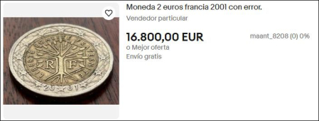 Anuncio en eBay de los 2 euros de Francia de 2001 con error de acuñación