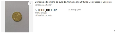 Anuncio en eBay por la moneda de 1 céntimo de Alemania