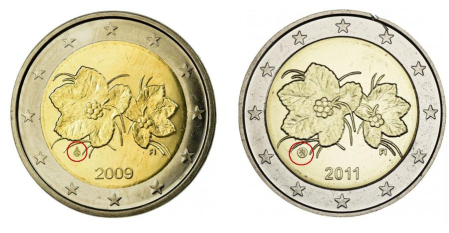 En la moneda de 2009 (izda.) se puede observar la cornucopia ya en el círculo central, mientras que la de 2011, a la derecha, lleva el círculo con el león. Las dos figuran ya con la marca del país 'FI'